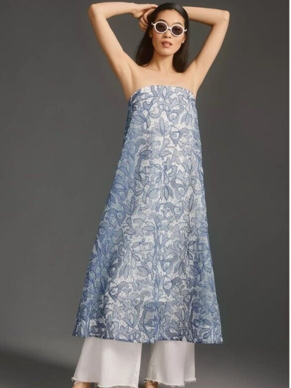 Anthropologie Zehavale Blue and White Strapless Floral Lace Dress
